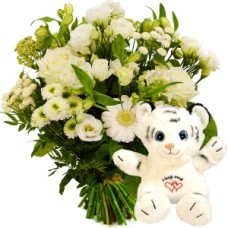 White flowers + hug me tiger hug (Bouquet larger white  29.95 + white hug me cuddly tiger)
